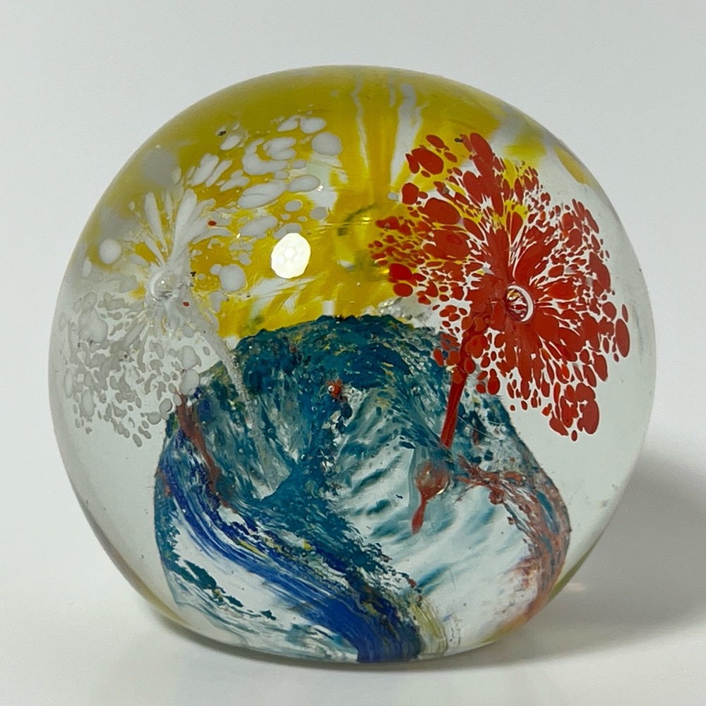 Hand blown vintage art glass paperweight minimalist home decor white yellow red